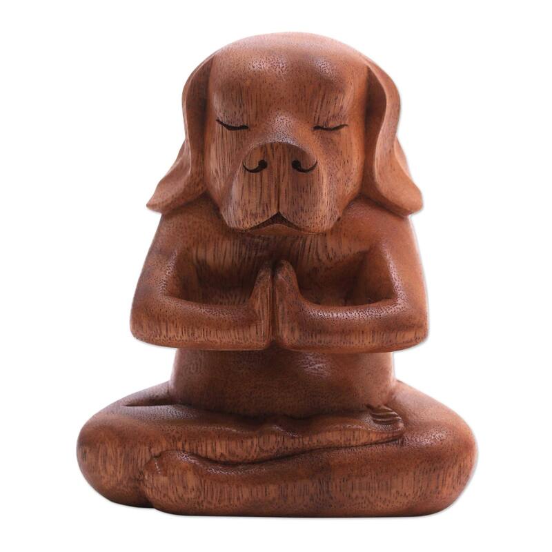 NOVICA Handmade Yoga Beagle Wood Statuette (Indonesia) - 6" H x 5" W x 3.5" D