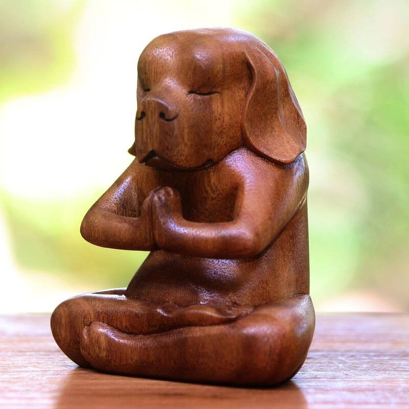 NOVICA Handmade Yoga Beagle Wood Statuette (Indonesia) - 6" H x 5" W x 3.5" D