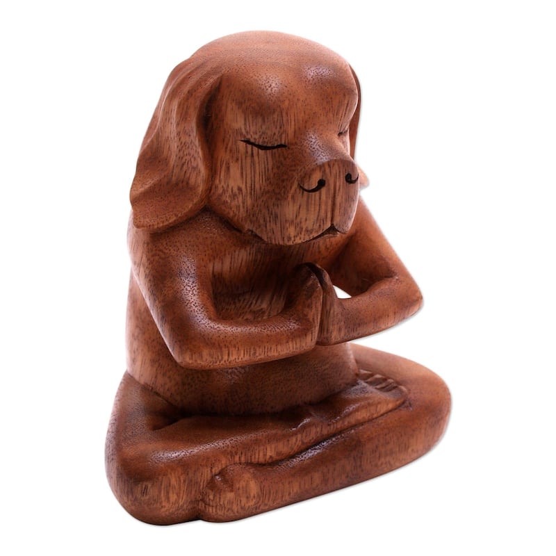 NOVICA Handmade Yoga Beagle Wood Statuette (Indonesia) - 6" H x 5" W x 3.5" D