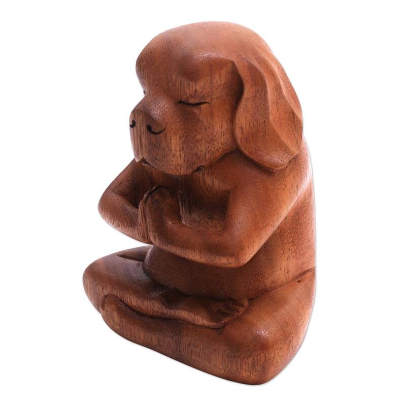 NOVICA Handmade Yoga Beagle Wood Statuette (Indonesia) - 6" H x 5" W x 3.5" D