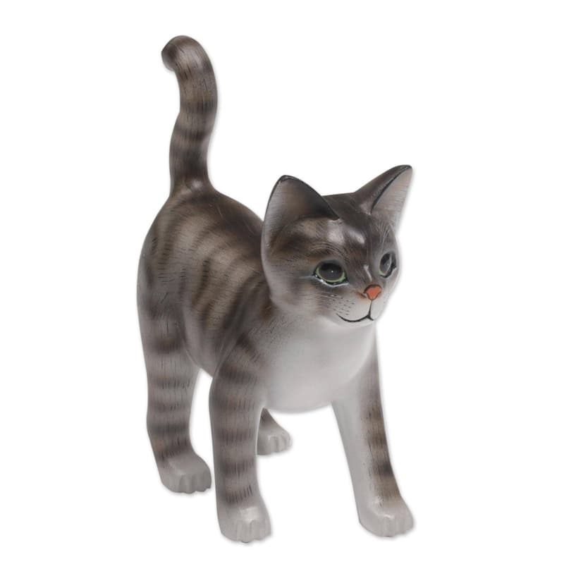 Handmade Curious Kitten Wood Sculpture (indonesia)