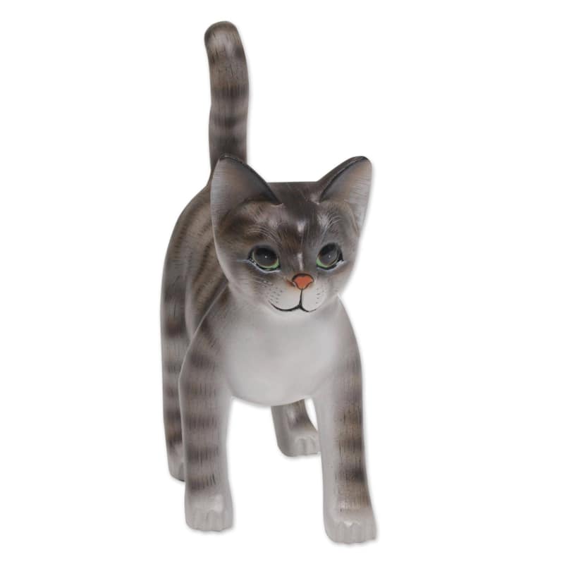 Handmade Curious Kitten Wood Sculpture (indonesia)