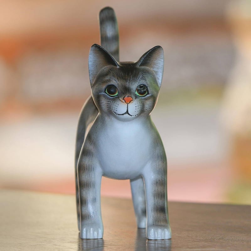 Handmade Curious Kitten Wood Sculpture (indonesia)