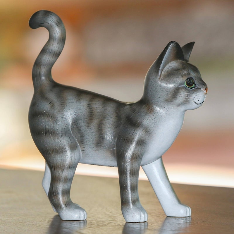 Handmade Curious Kitten Wood Sculpture (indonesia)