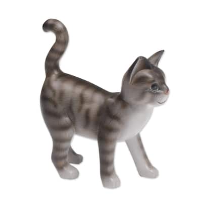 Handmade Curious Kitten Wood Sculpture (indonesia)