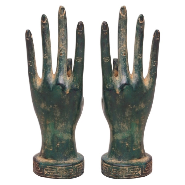Handmade Hands of A Goddess Bronze Statuettes, Set of 2 (Indonesia). Opens flyout.
