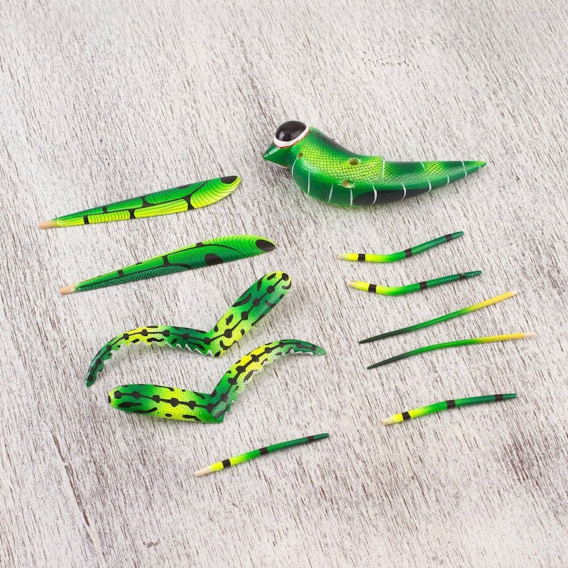 Handmade Green Good Luck Cricket Wood Alebrije Sculpture (Mexico)