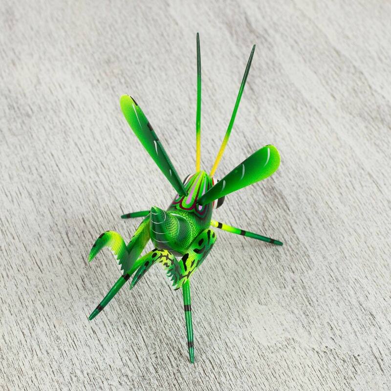 Handmade Green Good Luck Cricket Wood Alebrije Sculpture (Mexico)