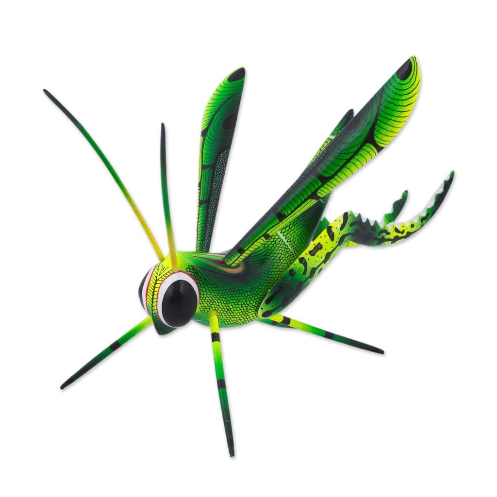 Handmade Green Good Luck Cricket Wood Alebrije Sculpture (Mexico)