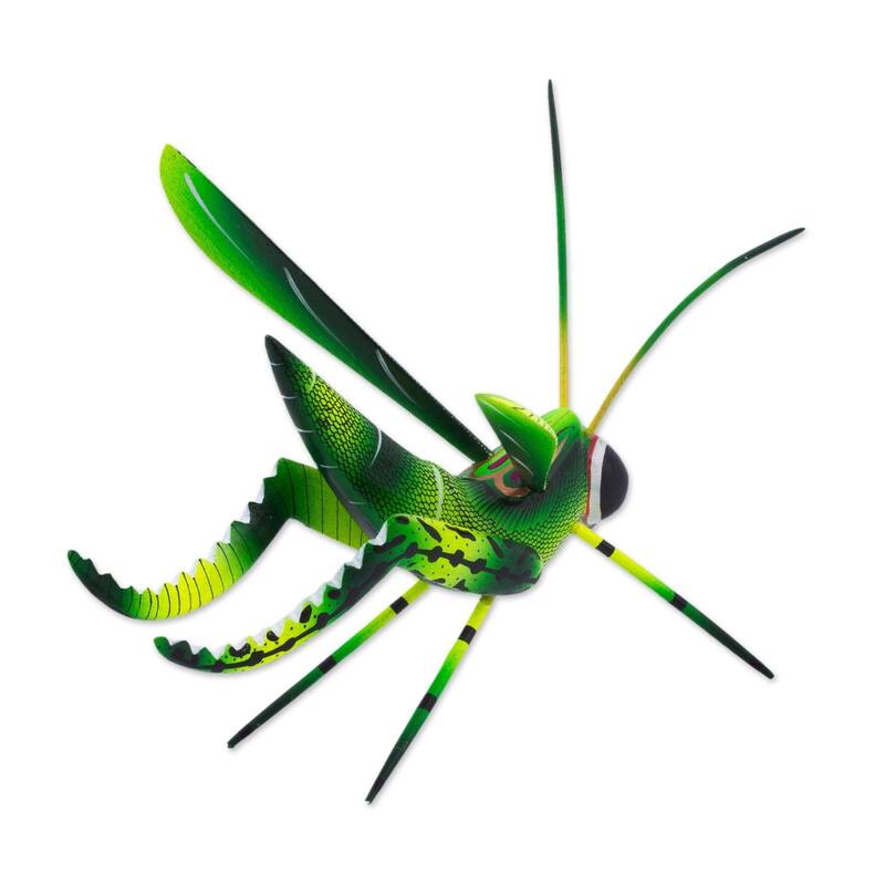 Handmade Green Good Luck Cricket Wood Alebrije Sculpture (Mexico)