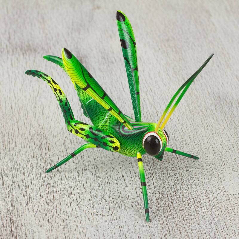 Handmade Green Good Luck Cricket Wood Alebrije Sculpture (Mexico)