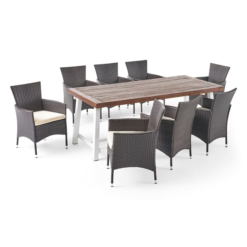 Flamingo Outdoor 8 Seater Wood and Wicker Dining Set by Christopher Knight Home - Dark Brown+White+Multibrown+Beige
