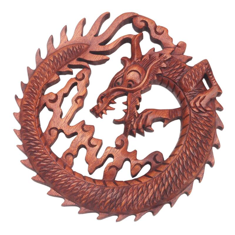 NOVICA Handmade Dragon In The Air Wood Relief Panel (Indonesia) - 7.75