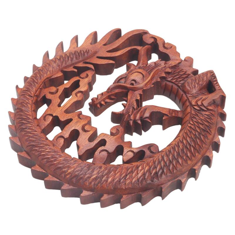 NOVICA Handmade Dragon In The Air Wood Relief Panel (Indonesia) - 7.75