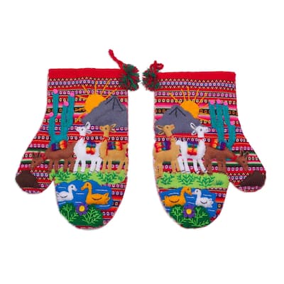 Handmade Llama Walk Cotton Arpillera Decorative Mitts (Peru)