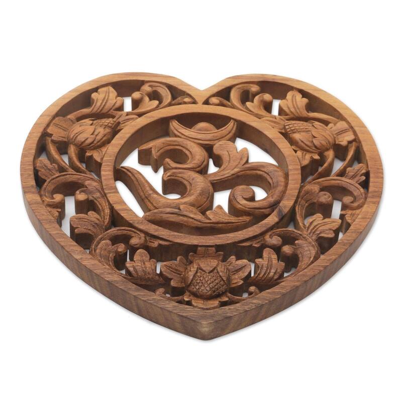 Handmade Om Love Wood Relief Panel (Indonesia)
