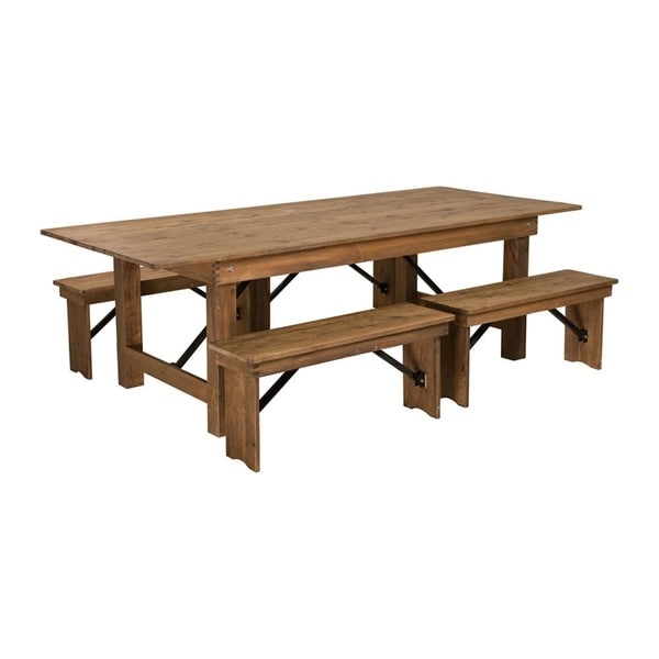 Offex 8' x 40'' Antique Rustic Folding Farm Table and Four 40.25"L Bench Set