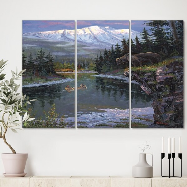Designart 'Southfork Grizzly' Premium Traditional Canvas Wall Art - 36x28 - 3 Panels