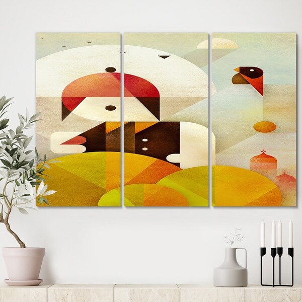 Designart 'Young Man With Red Bird' Mid Century Modern Canvas Wall Art - 36x28 - 3 Panels