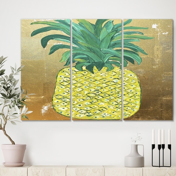 Designart 'Pineapple Gold' Cottage Canvas Wall Art - 36x28 - 3 Panels