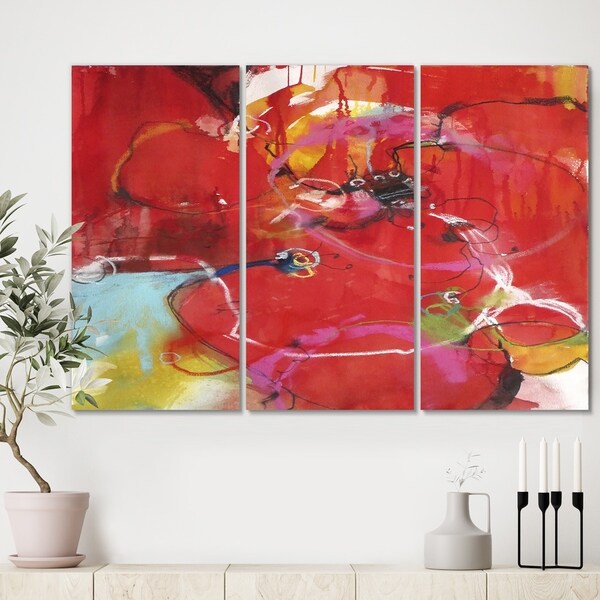Designart 'Blooming Red' Modern Gallery-wrapped Canvas - 36x28 - 3 Panels