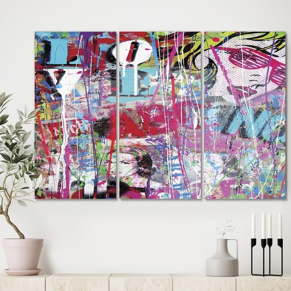Designart 'Old Style Newspaper Street Art Collage II' Premium Modern Canvas Wall Art - 36x28 - 3 Panels