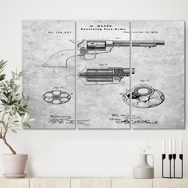 Designart 'PP1119-Slate US Firearms Single Action Army Revolver Patent Poster' Cottage Canvas Art Print - 36x28 - 3 Panels