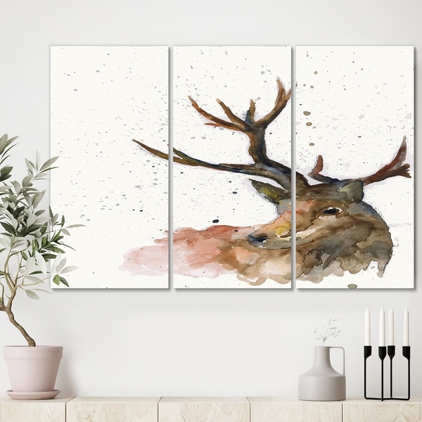 Designart 'Deer on White' Cottage Canvas Wall Art - 36x28 - 3 Panels