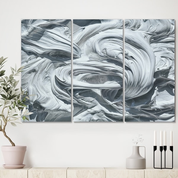 Designart 'Waves of White Gray Paint' Premium Modern Canvas Wall Art - 36x28 - 3 Panels
