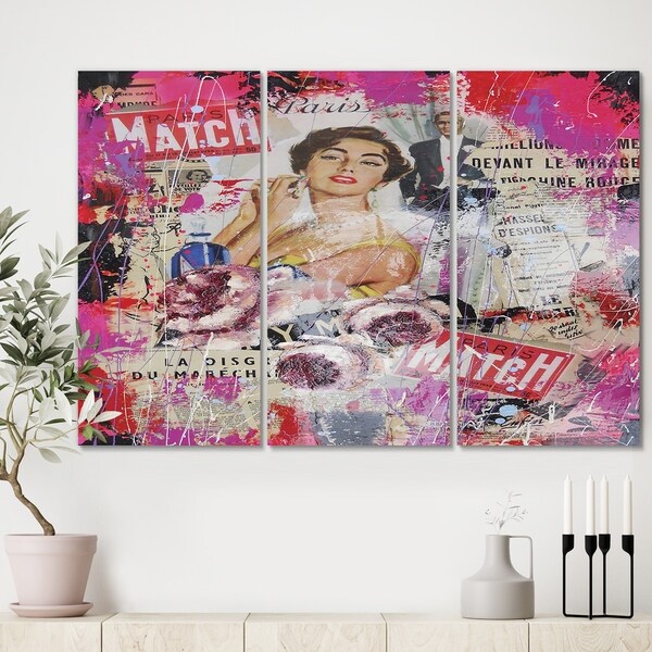 Designart 'Old Style Newspaper Street Art Collage I' Modern Canvas Artwork - 36x28 - 3 Panels