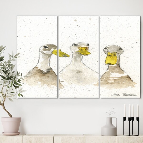 Designart 'Three White Ducks' Farmhouse Canvas Artwork - 36x28 - 3 Panels