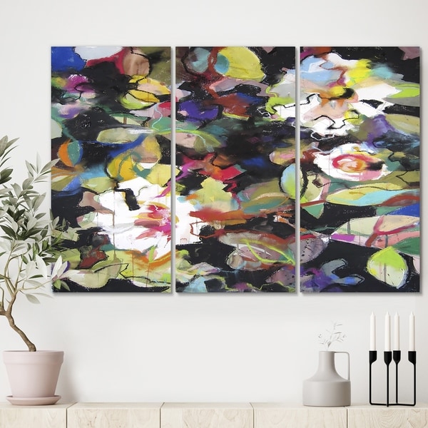 Designart 'Colorful Flowers on Black' Modern Canvas Artwork - 36x28 - 3 Panels