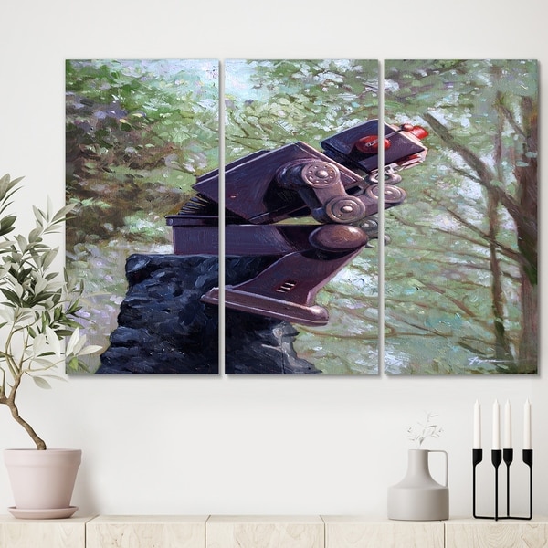 Designart 'Robot Thinking In The Woods' Modern Canvas Wall Art - 36x28 - 3 Panels