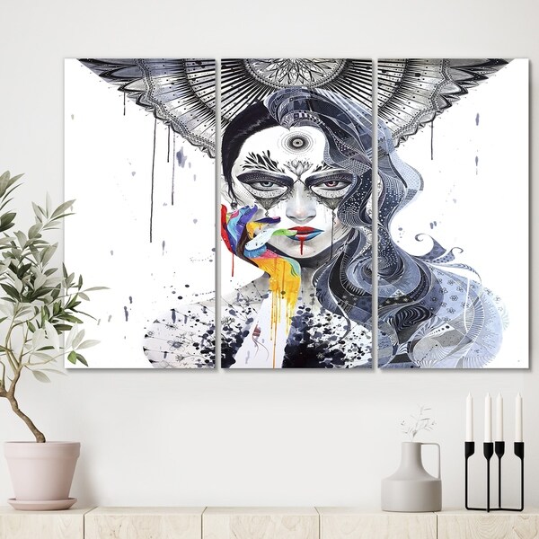 Designart 'Urban Lady With Rainbow Hand' Premium Modern Canvas Wall Art - 36x28 - 3 Panels