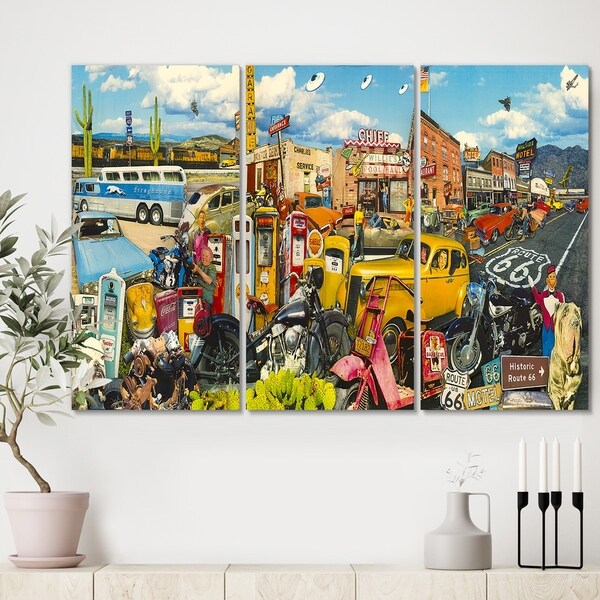 Designart 'Route 66 MidWest Roadside Collage' Premium Modern Canvas Wall Art - 36x28 - 3 Panels