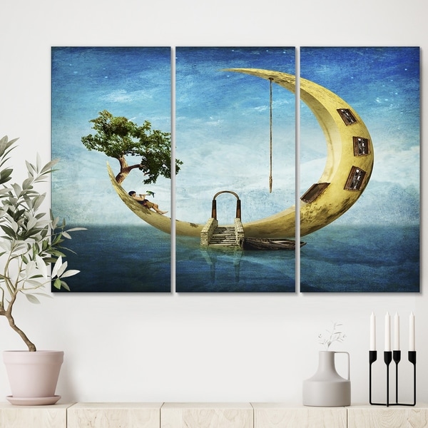 Designart 'Home Sweet Moon' Modern Canvas Artwork - 36x28 - 3 Panels