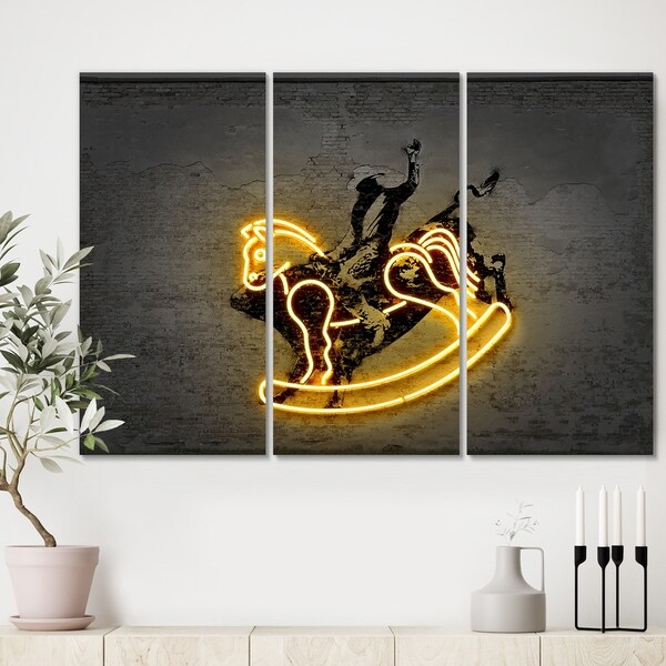 Designart 'Neon Rodeo Horse' Premium Modern Canvas Wall Art - 36x28 - 3 Panels