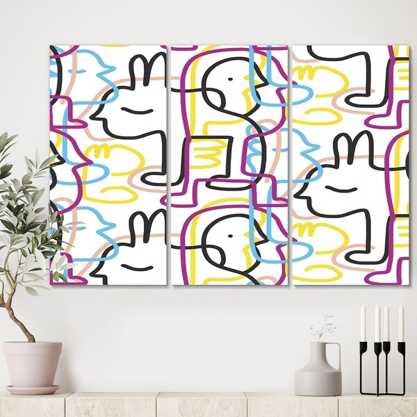 Designart 'Down The Rabbit Hole Seamless Pattern' Premium Mid Century Modern Canvas Wall Art - 36x28 - 3 Panels