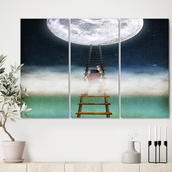Designart 'Reach for the Moon' Premium Modern Canvas Wall Art - 36x28 - 3 Panels