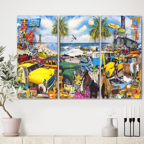 Designart 'Classic Car Palm Beach Collage' Modern Canvas Art Print - 36x28 - 3 Panels