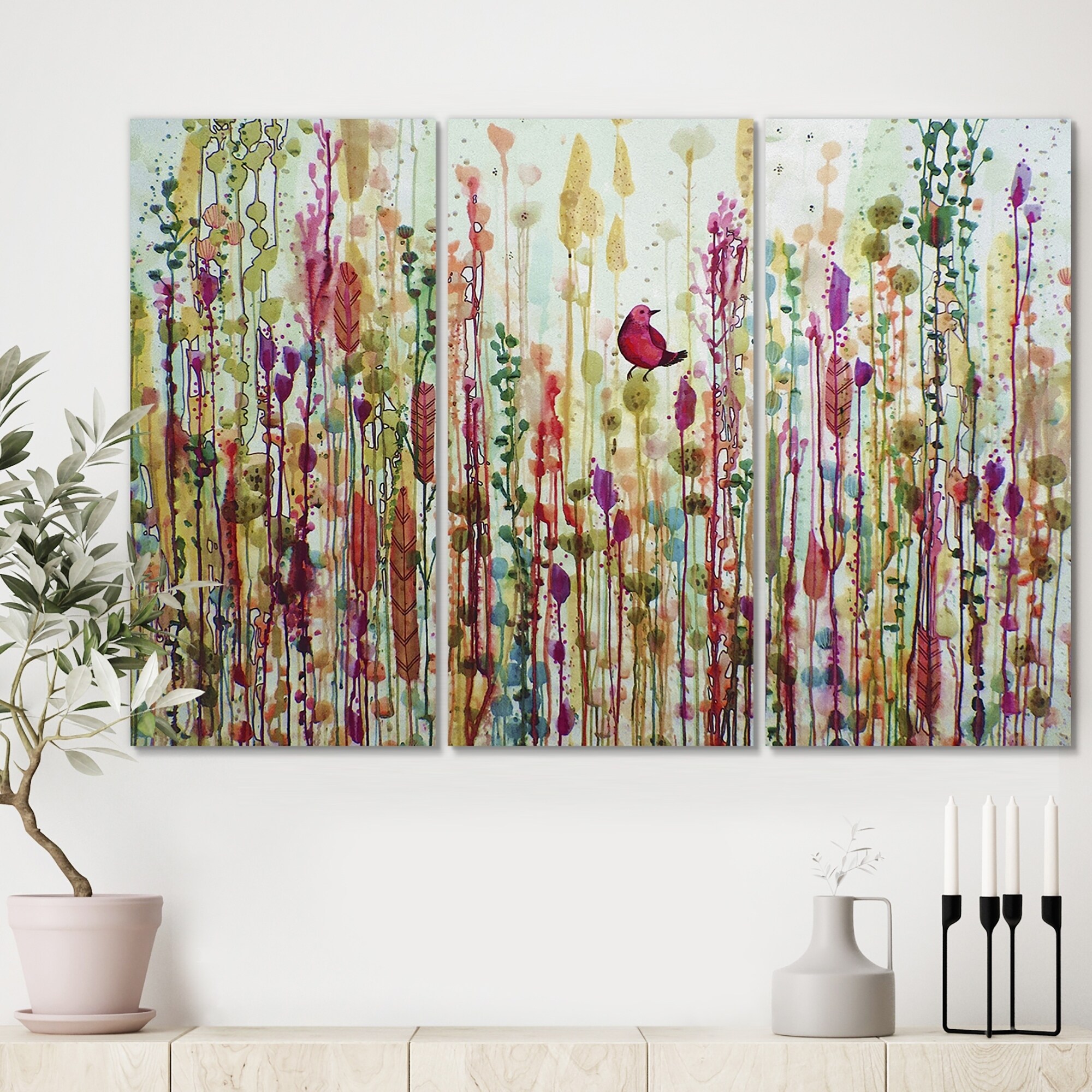 Shop Porch Den Red Bird In Color Meadow 3 Panel Artwork
