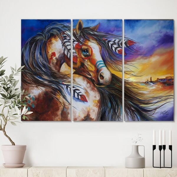 Designart '5 Feathers Indian War Horse' Cottage Canvas Wall Art - 36x28 - 3 Panels