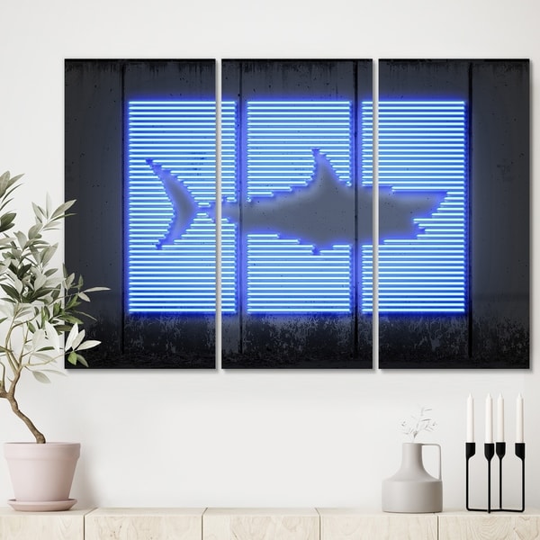 Designart 'Blue Neon Shark' Modern Canvas Wall Art - 36x28 - 3 Panels