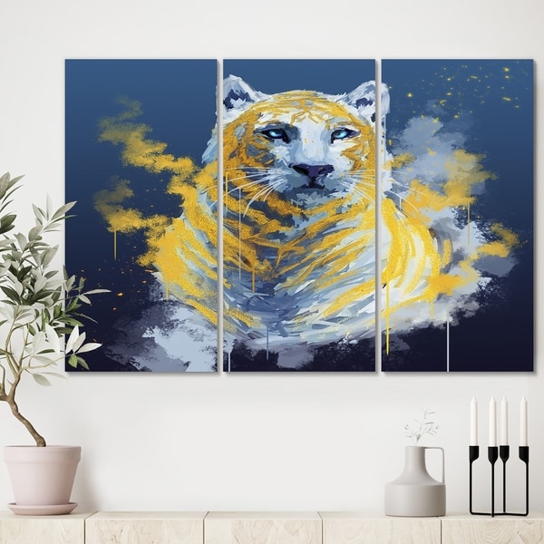 Designart 'Tiger Spirit In Blue And Gold' Abstract Canvas Wall Art - 36x28 - 3 Panels