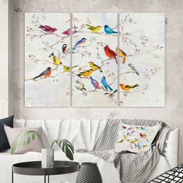 Designart 'Multi-Color Bird on Tree' Modern Farmhouse Canvas Art
