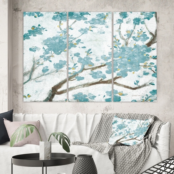 Designart 'Teal Cherry Blossoms I' Traditional Floral Canvas Artwork