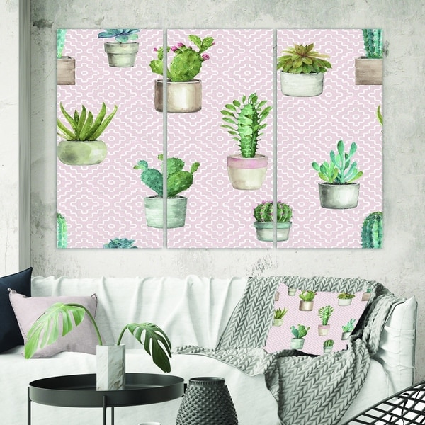 Designart 'Potted Cactus on Pink Geometrical Pattern' Cottage Canvas Wall Art