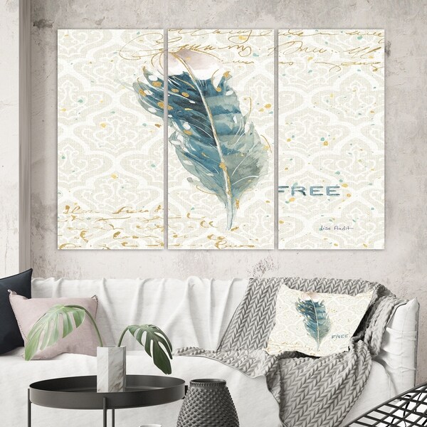Designart 'Damask Painted Gilded Feather on Blue' Nautical & Coastal Canvas Art