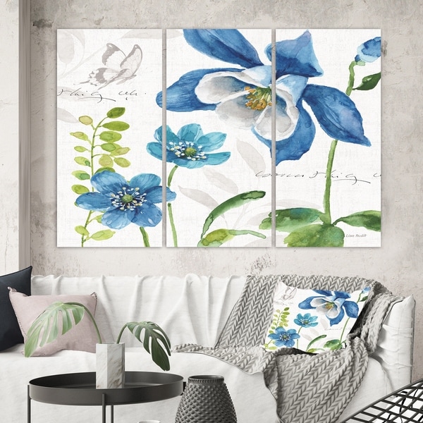 Designart 'Blue Columbine Flowers With Butterfly' Cabin & Lodge Canvas Artwork