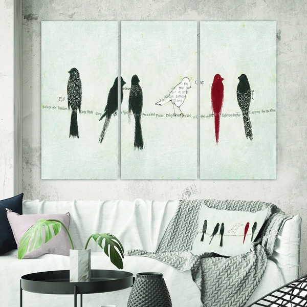 Designart 'Red Catching Up Bird Family' Farmhouse Canvas Art